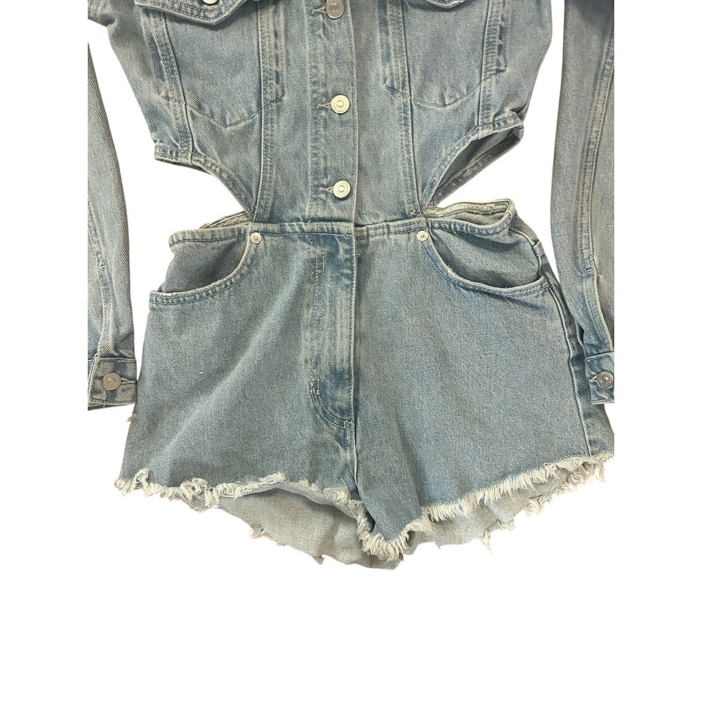 Zara Cut Out Denim Short Blue Jumpsuit SZ S Distressed Romper - Picture 7 of 9